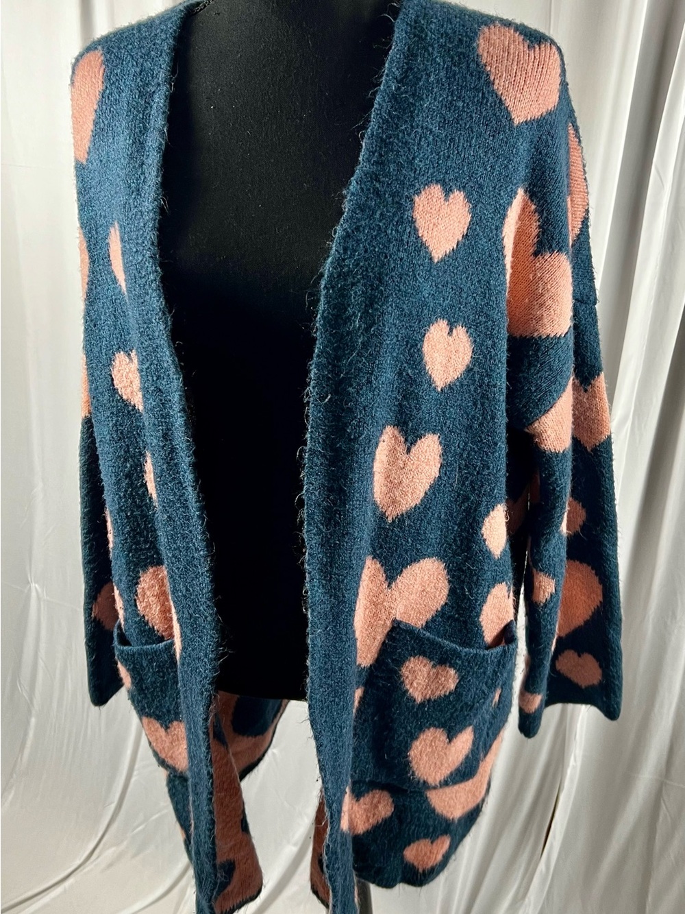 Maeve by Anthropologie Hearts Cardigan Sweater Navy Pink XS Excellent Condition